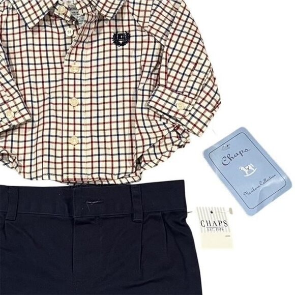 CHAPS Newborn Collection Baby Boy 2 Piece Plaid Shirt And Navy Pants Set NWT - Picture 3 of 9